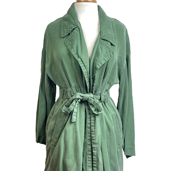 Zara Olive Green Light Weight Trench Coat Duster Jacket Belted Waist Tied - Picture 12 of 15